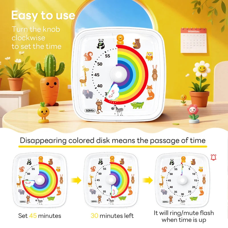 Animal-Themed Visual Timer with Night Light - Silent 60-Minute Countdown Gadget