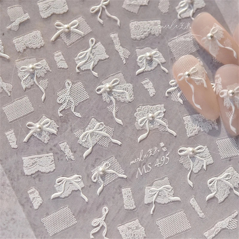 5D Diamond Nail Art Stickers with Lace Bow & Rhinestones for Manicure DIY