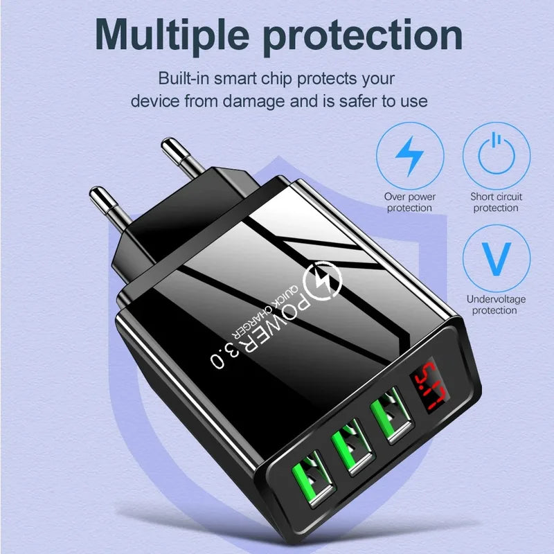 3-Port USB Fast Charger Wall Adapter with LED Display for Smartphones and Tablets