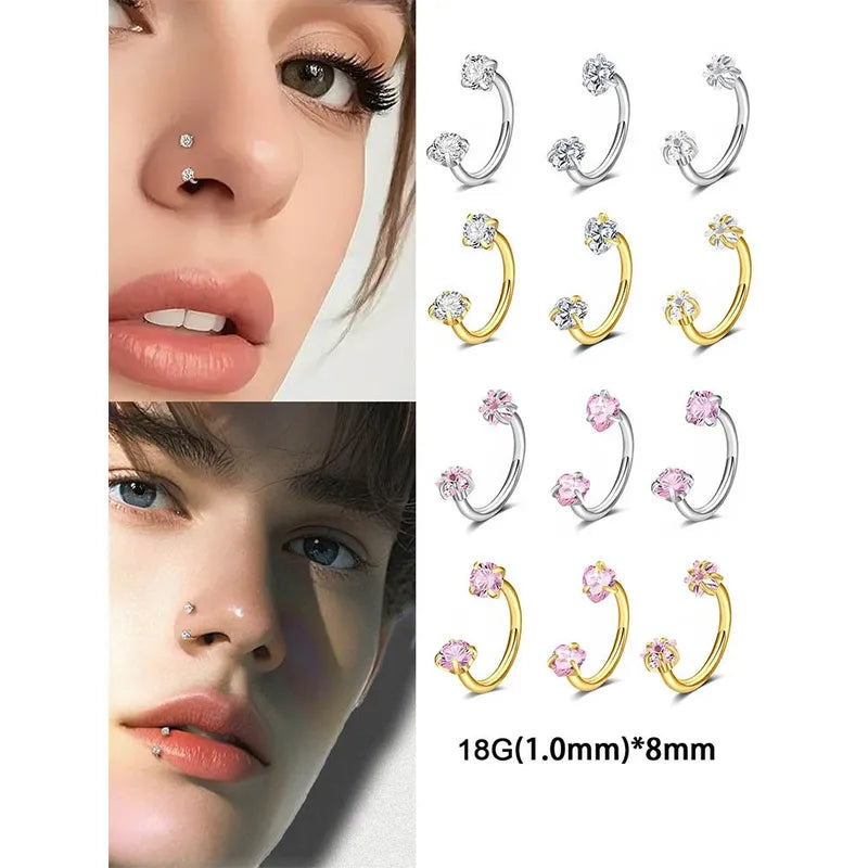 Steel Horseshoe Nose Ring with CZ Septum Hoop and Lip Piercing Jewelry