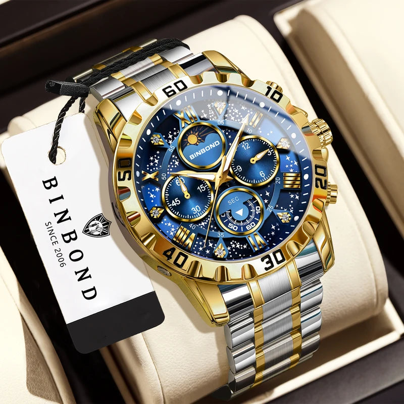 Men's Luxury Quartz Chronograph Watch with Luminous Dial and Stainless Steel Band
