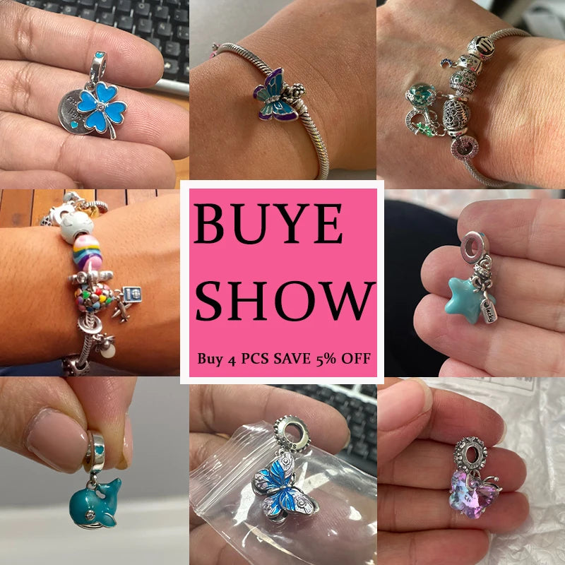 DIY Silver Bracelet Charms Set with Owl Sea Turtle Octopus & Blue Zircon - Multiple Colors