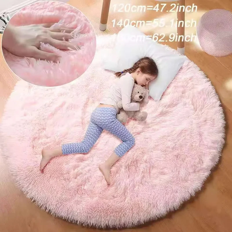 Plush Round Rug for Girls Bedroom and Living Room - Soft Shaggy Carpet in Pink, White, Lavender, Multi - Multiple Sizes