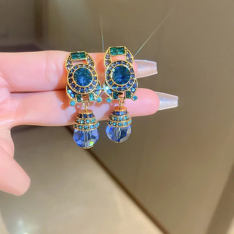 Vintage Blue Water Drop Crystal Earrings for Women - Rhinestones, Round Ear Clips, Retro Party Jewelry
