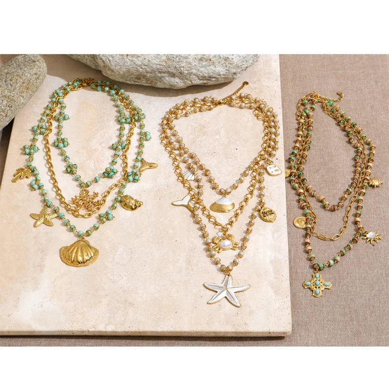 Ocean Series Glass Beads Chain Layered Necklace with Shell Starfish Drop Charm Summer Jewelry