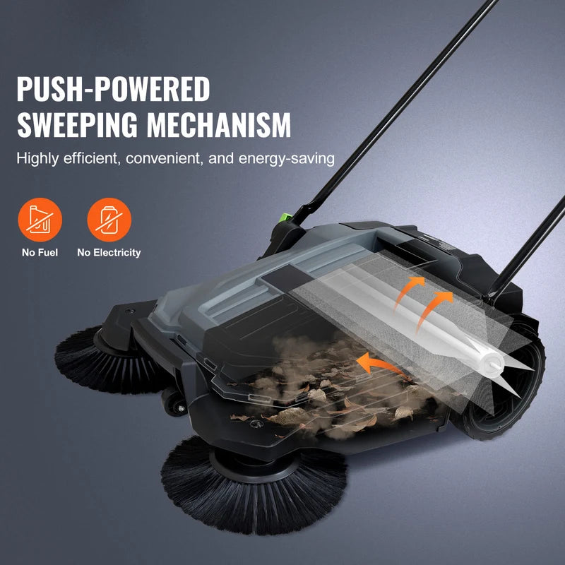 Walk-Behind Hand Push Floor Sweeper 25.6-inch Sweeping Width with Large Waste Container
