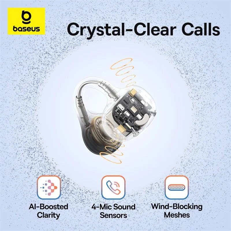 Open Ear Sports Earbuds with Clip-On Design, 4-Mic Clear Calls, Super Bass