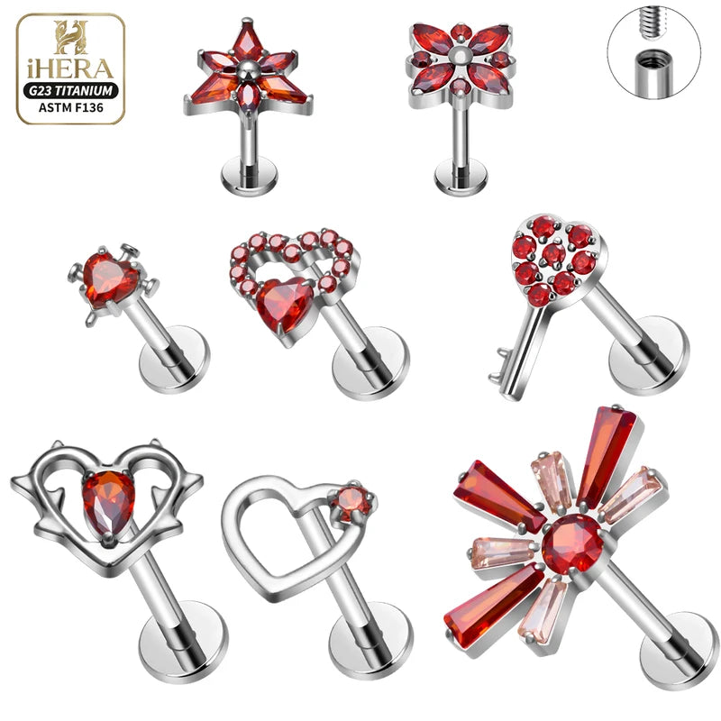 Titanium Body Jewelry Piercing Rings Set with CZ Heart Flower Key Studs
