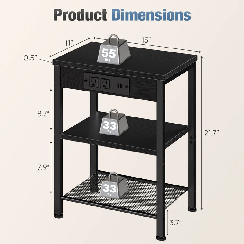 3-Tier Small Side Table with Charging Station - Adjustable Nightstand for Living Room & Bedroom