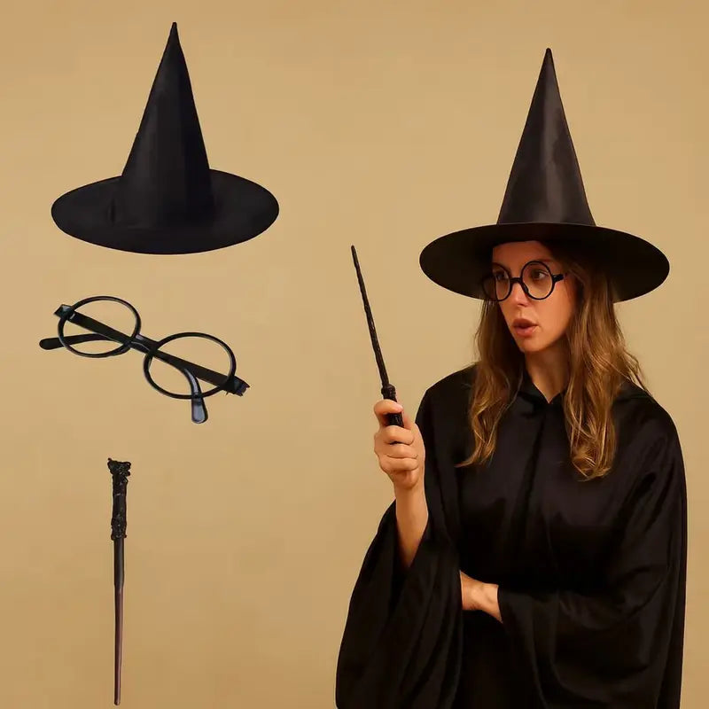 Halloween Wizard Costume Accessory Set with Witch Hat Glasses and Magic Wand - Cosplay Props