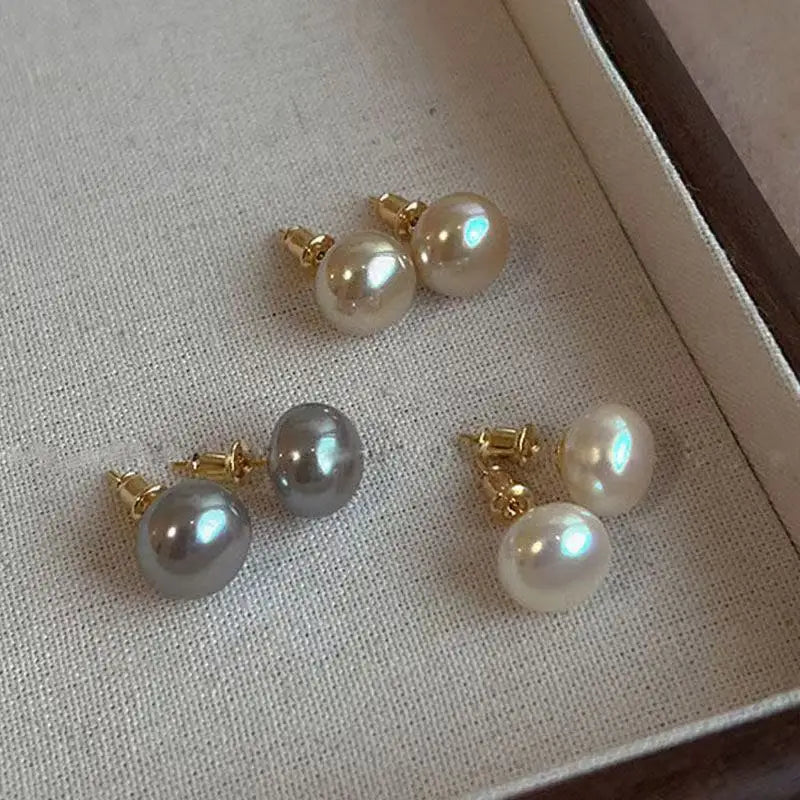 Pearl Stud Earrings Women Girls Flat Round Jewelry Romantic Gift