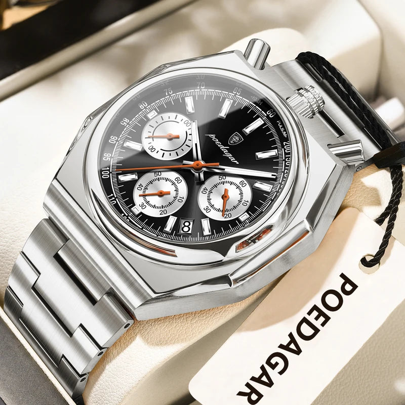 Men's Waterproof Chronograph Watch with Luminous Dial and Stainless Steel Band