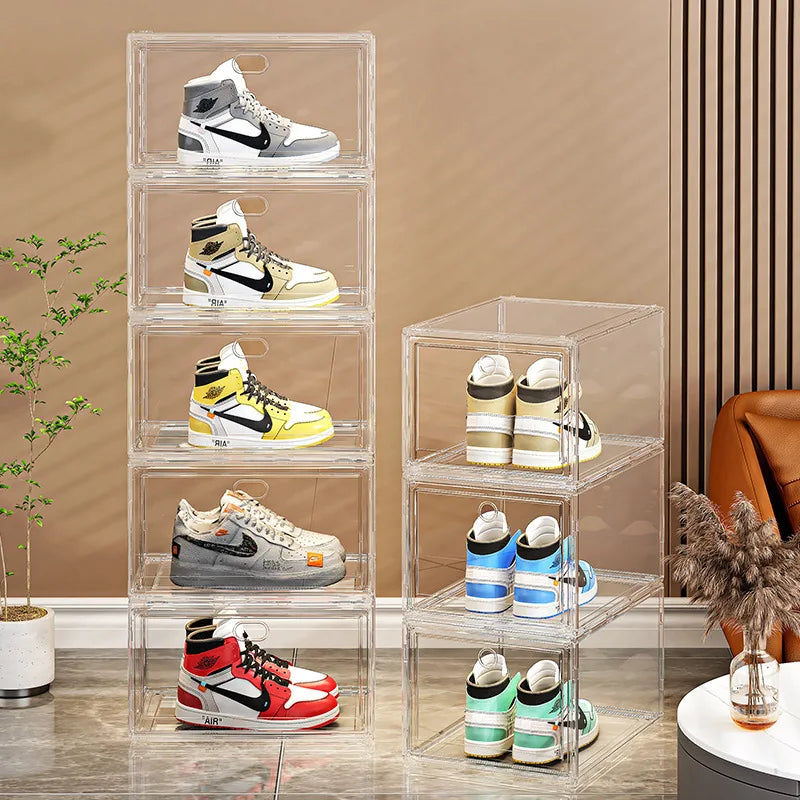 Large Transparent Sneaker Organizer Box with Magnetic Closure - Stackable Shoe Storage