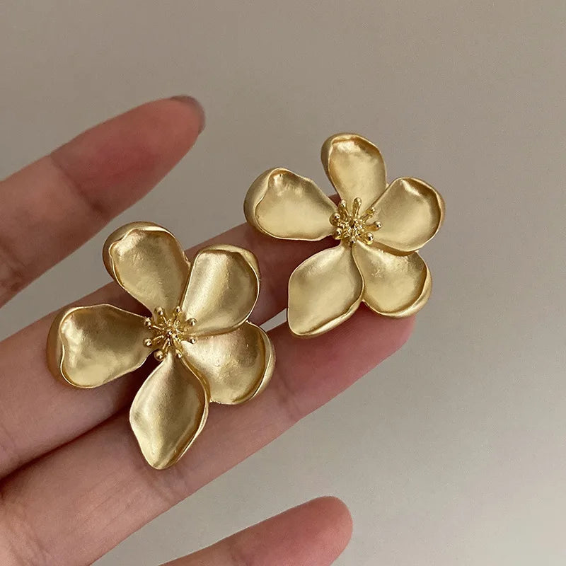Gold Matte Texture Metal Flower Earrings for Women Girls Party Jewelry Gift
