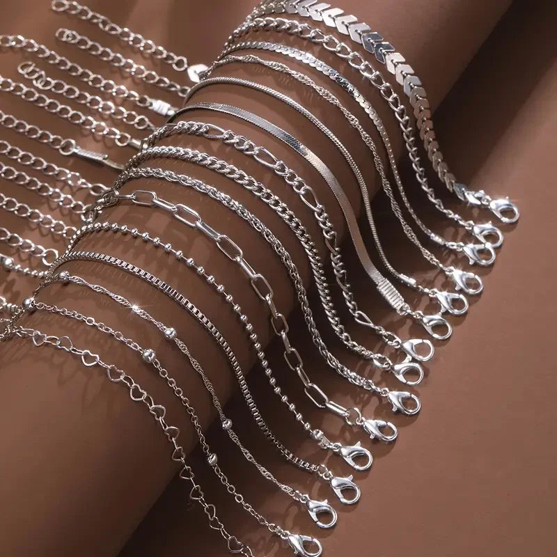 Silver Color Chain Bead Bracelets Set for Women - Elegant Casual Jewelry, Versatile for Beach, Vacation & Parties