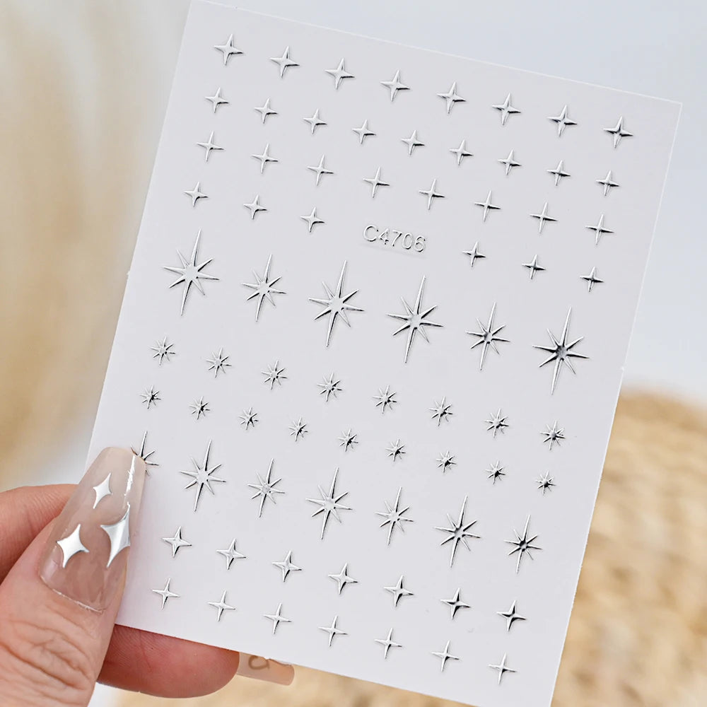 Black White Star 3D Nail Art Sticker Set with Laser Shine Glitter for Manicure - Multiple Colors