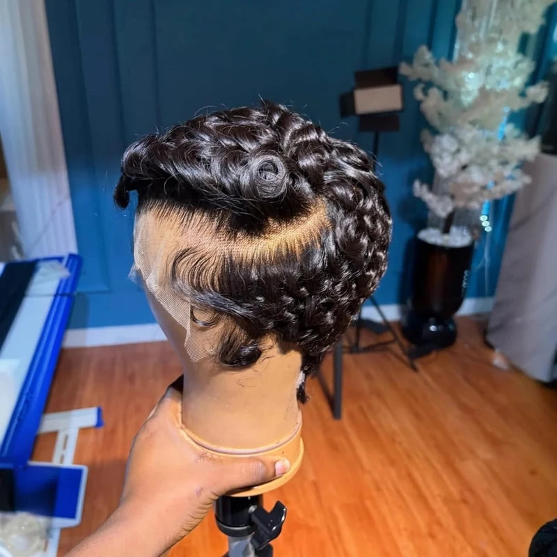 Short Curly Lace Front Human Hair Wig - Pixie Cut Style for Women