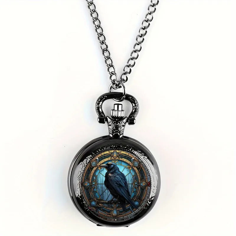 Vintage Black Crow Pocket Watch Necklace with World Time - Unisex Gift