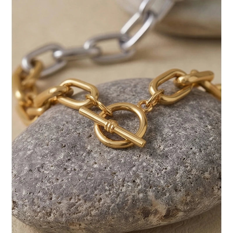 Stainless Steel Chain Bracelet Bangle with Toggle Clasp - Tarnish-Resistant Jewelry