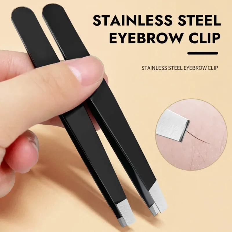 Stainless Steel Eyebrow Tweezer Set with Slant and Flat Tips for Ingrown Hair Removal