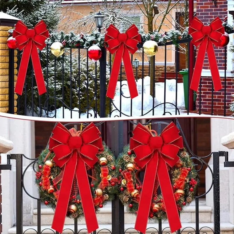 Large Velvet Christmas Bow for Outdoor Decorations - Red & Gold Edge