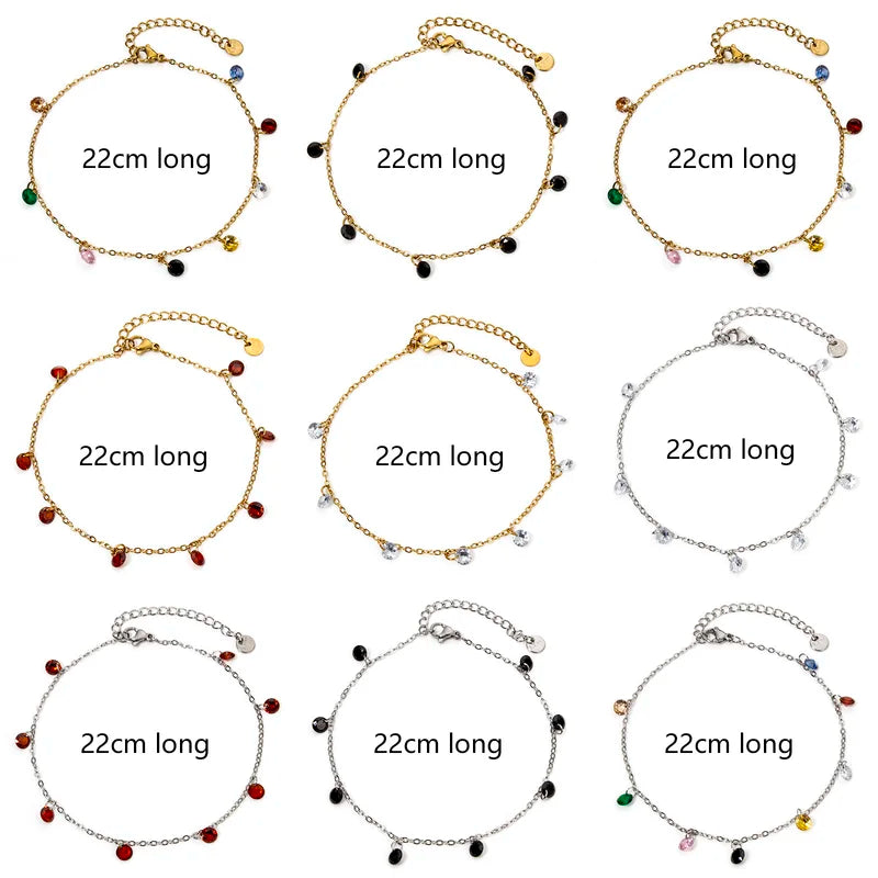 Multicolor Rhinestone Link Chain Anklet for Women - 22cm Fashion Jewelry Gift