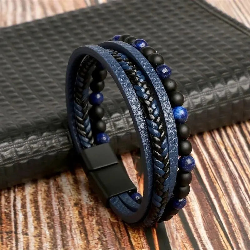 Men Leather Multi-Layer Beaded Bracelet with Tiger Eye - Fashion Jewelry Gift