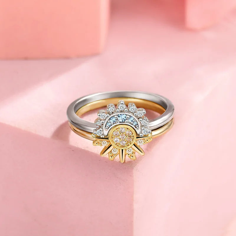 Celestial Sun and Moon Couple Ring Set with Cubic Zirconia - Silver Jewelry for Valentines