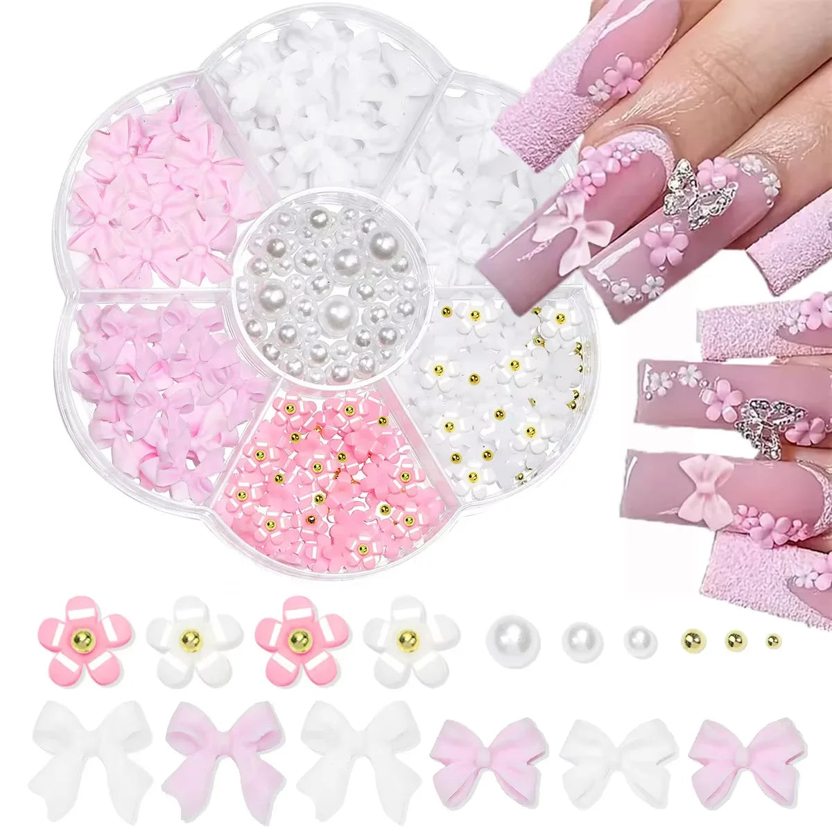 Mixed Acrylic Bowknot 3D Nail Art Decorations Flower Resin Charms Set