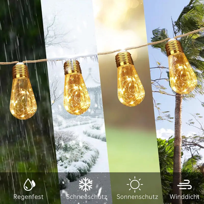 Solar Outdoor Fairy String Lights with Retro Hemp Rope - Waterproof Garden Decor