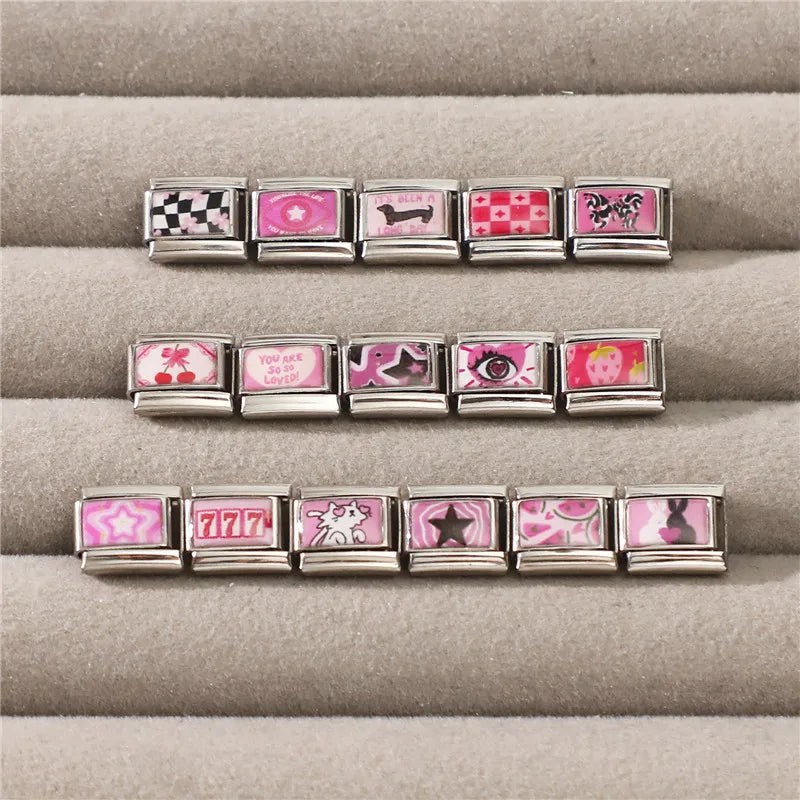 Pink Series Cat Rabbit Leopard Heart Italian Charm Links for 9mm Bracelets - Jewelry Making DIY
