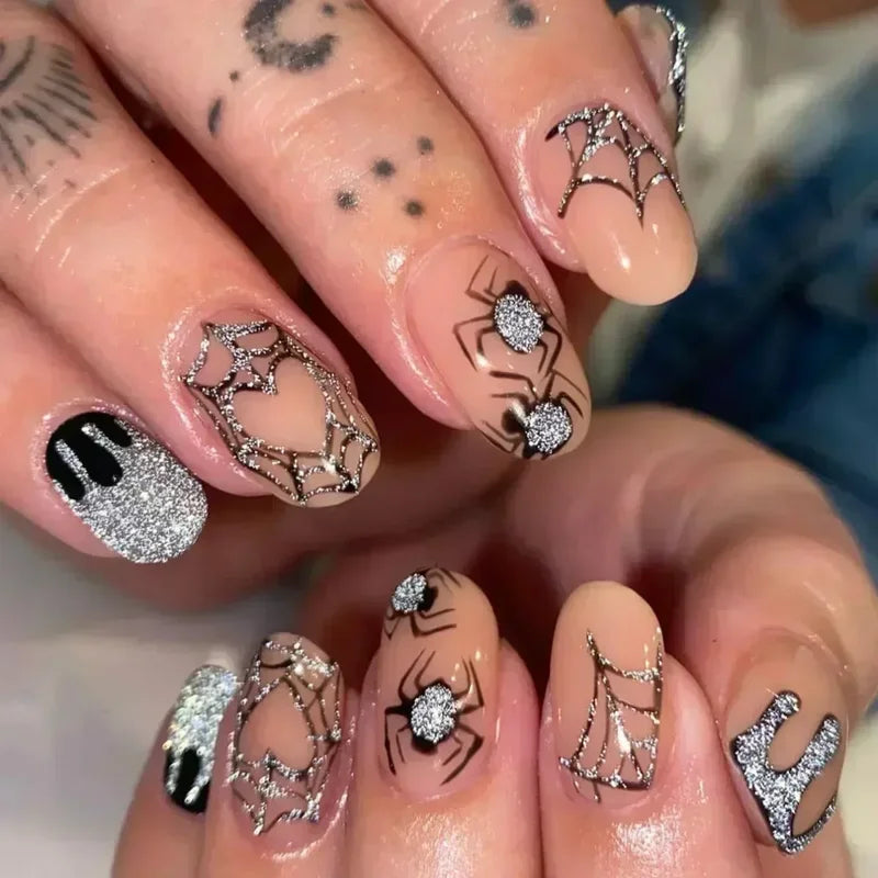 24Pc Halloween False Nail Tips with Almond Head Designs - Full Cover Press-On Manicure