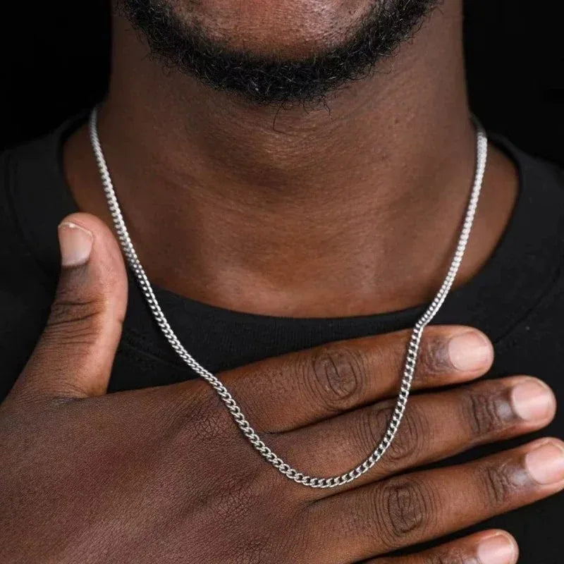 Men's 2mm Cuban Chain Necklace Sterling Silver Titanium Steel Jewelry