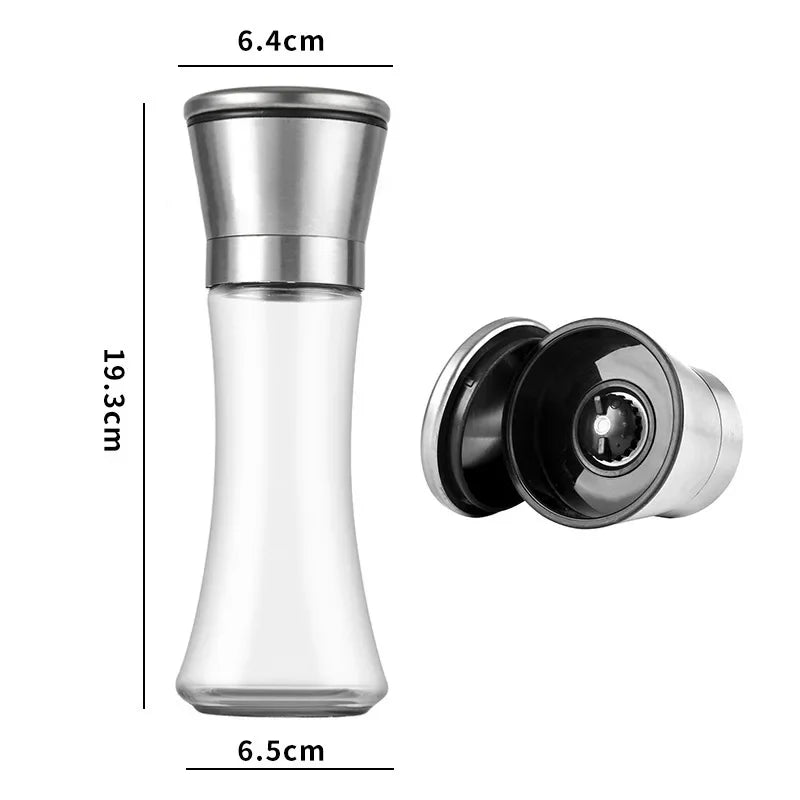 Manual Salt and Pepper Grinder Set - 180/200ML Stainless Steel Glass Spice Bottles for Kitchen
