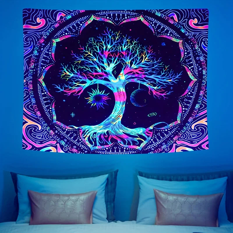 Tree of Life Tapestry Wall Hanging with Sun Moon Stars Galaxy Design - Psychedelic Bedroom Decor