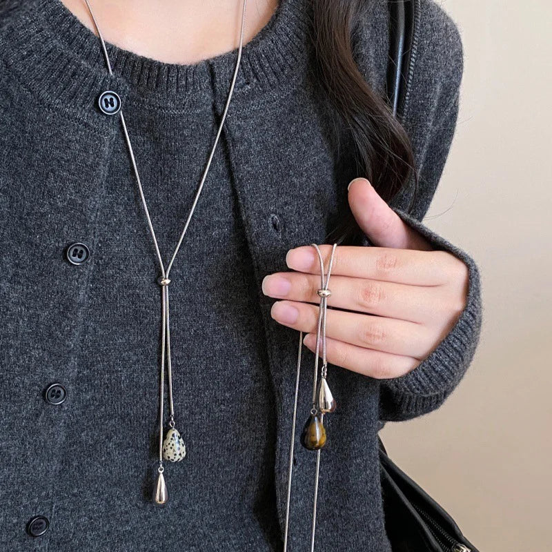 Retro Tiger's-Eye Stone Water Drop Pendant Necklace for Women Adjustable Jewelry Gift