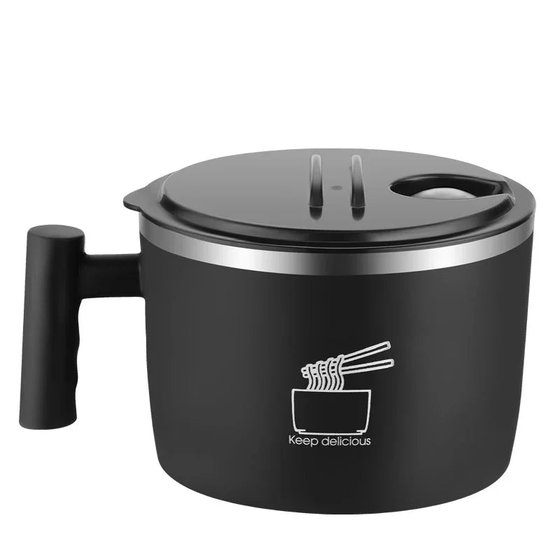 Stainless Steel Instant Noodle Bowl with Lid & Handle - 1000mL, Sealed & Portable Kitchen Drain Bowl