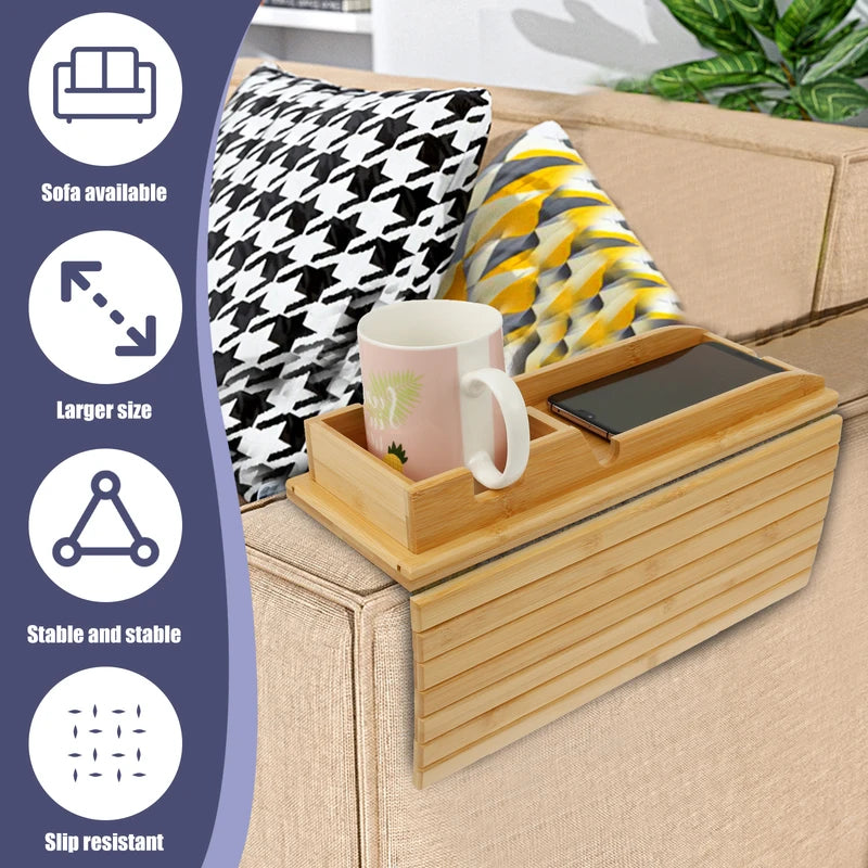 Foldable Bamboo Couch Cup Holder Tray for Sofa Armrest - Non-Slip Sofa Side Storage