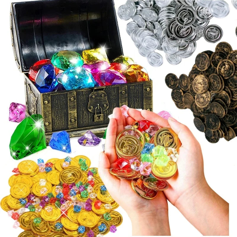 Pirate Treasure Chest with Gold Silver Copper Coins & Gemstones Kids Toy Set