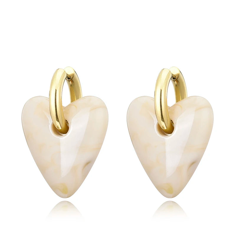 Vintage Heart Pendant Hoop Earrings for Women Gold Silver Acrylic Resin Jewelry