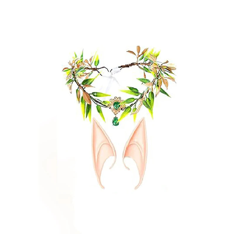 Halloween Fairy Queen Costume Set with Leaf Wreath and Elf Ears - Cosplay Party Accessory
