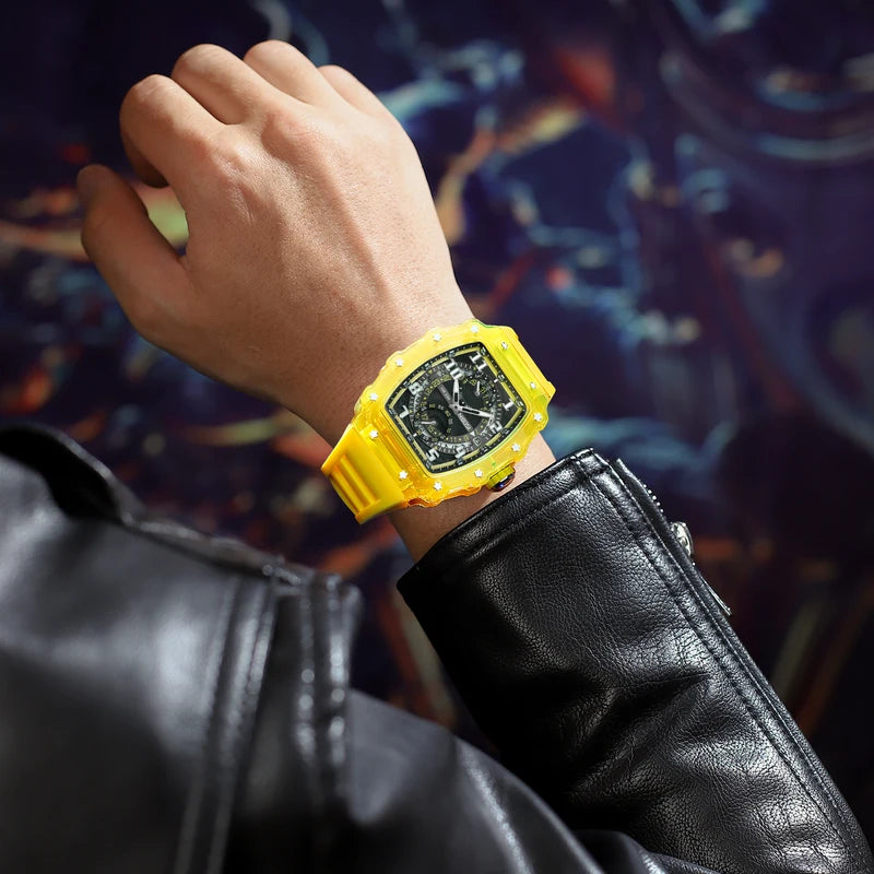 Luxury Skeleton Sports Watch for Men Automatic Quartz Luminous Silicone Strap