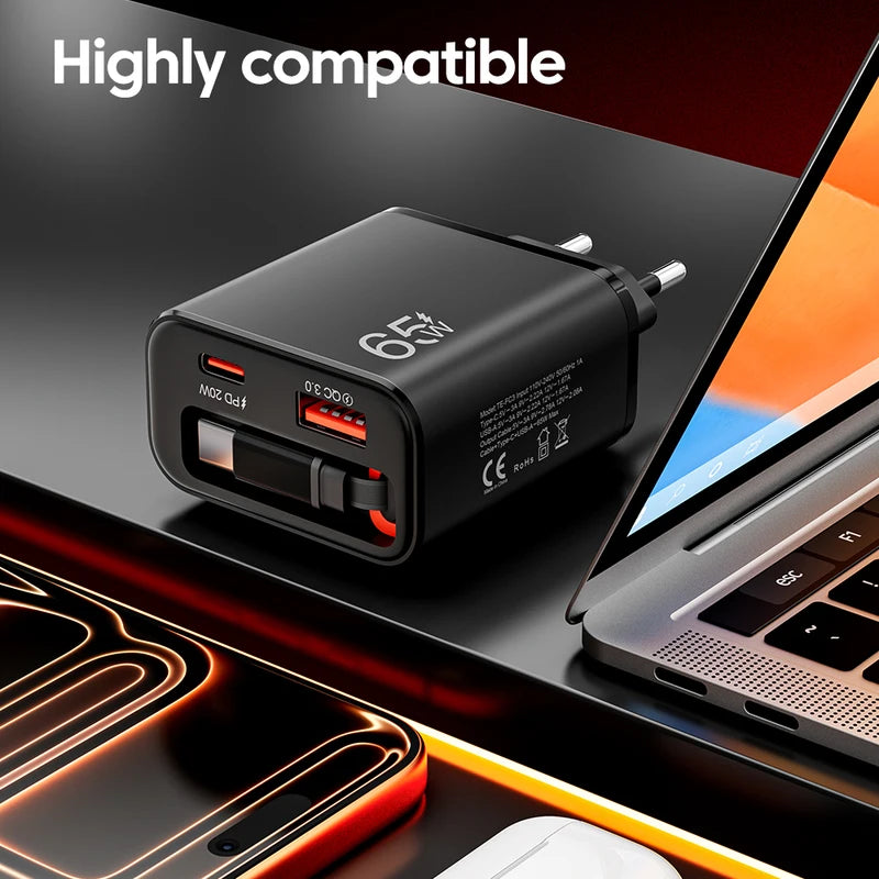 65W USB C Fast Wall Charger with Retractable Type-C Cable and Multi-Port PD QC3.0 Adapter