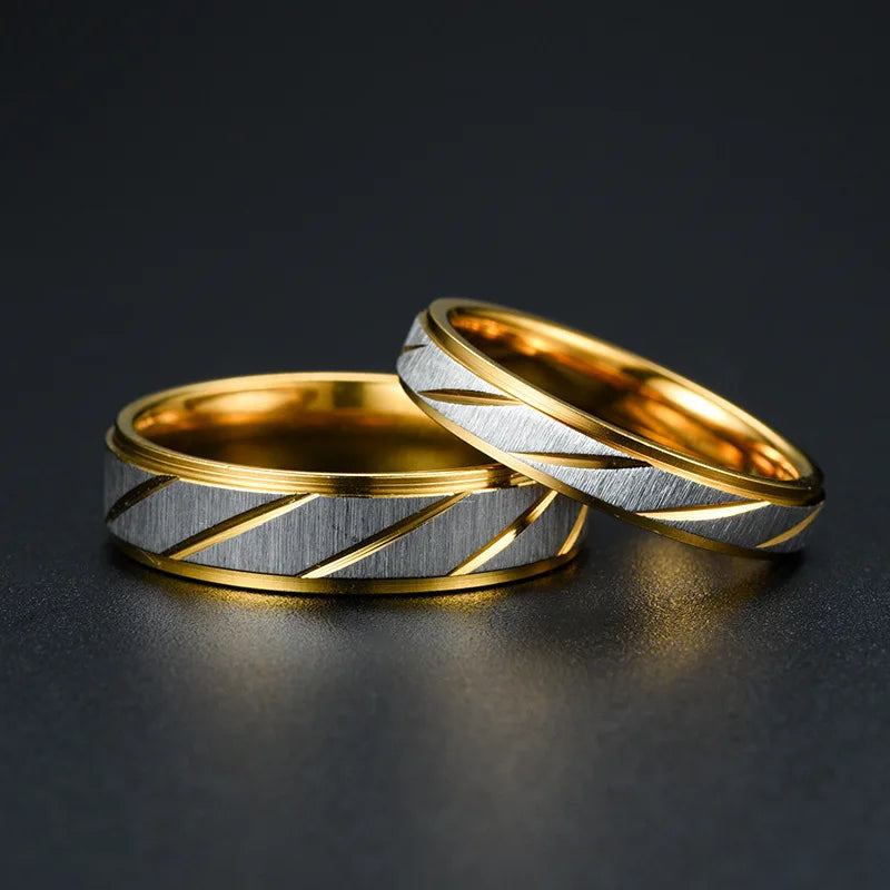 Fashion Stainless Steel Gold Plated Wave Pattern Couple Ring Engagement Wedding Promise Jewelry