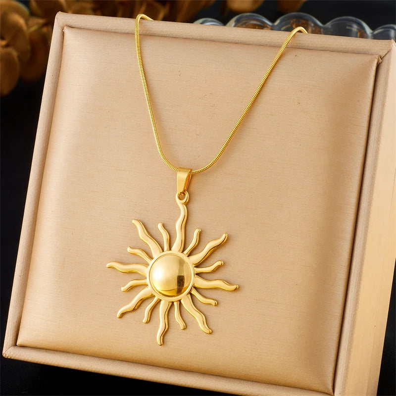 Sun Pendant Necklace for Women Girls 316L Stainless Steel Gold Solar Jewelry Gift