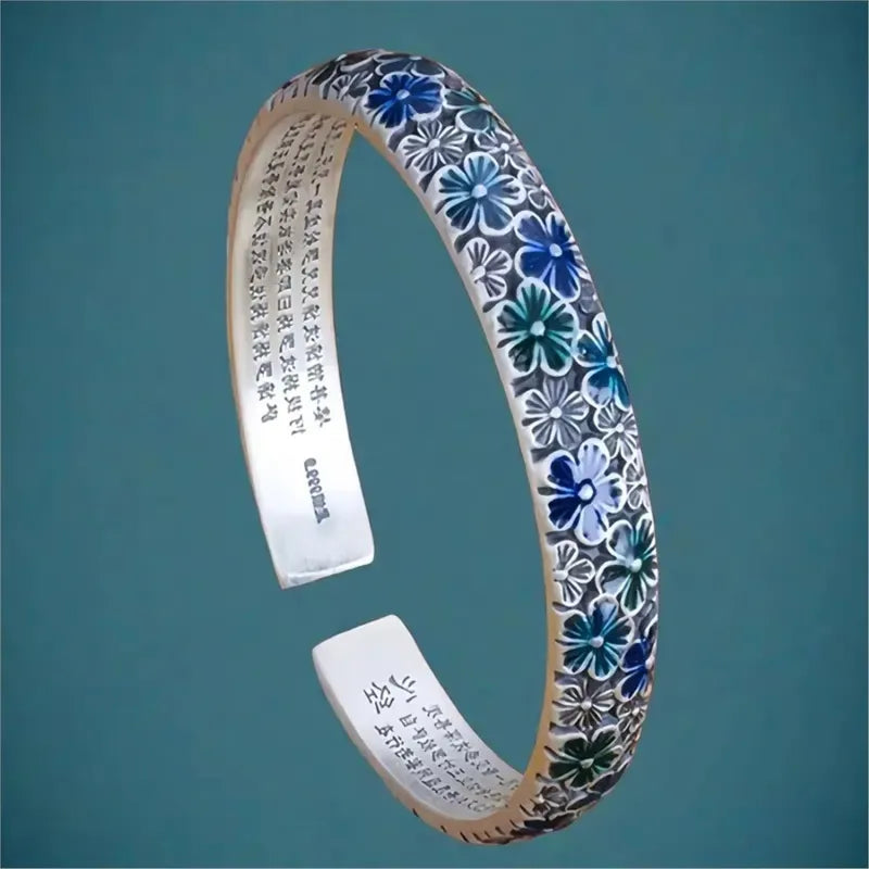 Vintage Flower Enamel Heart Sutra Cuff Bangle for Women Jewelry Gift