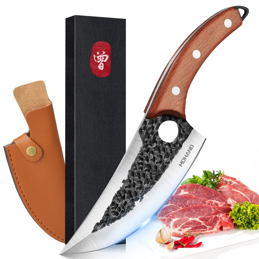 Stainless Steel Chef Knife with Leather Cover - Multi-Color Options