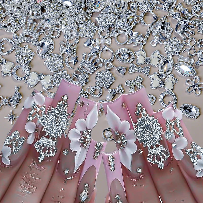 50Pcs Silver Bowknot & Crown Nail Charms with Tassels for Nail Art Decor