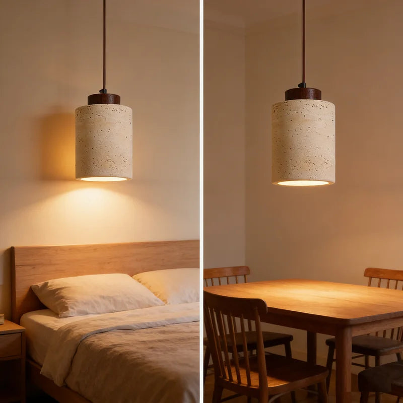 Japanese Style Stone Pendant Light with Travertine Suspension Ceiling LED Hanging Lamp