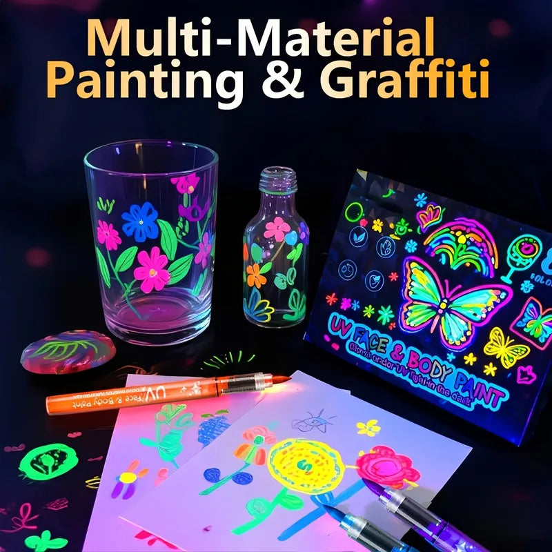 UV Neon Face & Body Paint Markers Set - Glow in The Dark Fluorescent Art Pens for Halloween Festivals and Parties